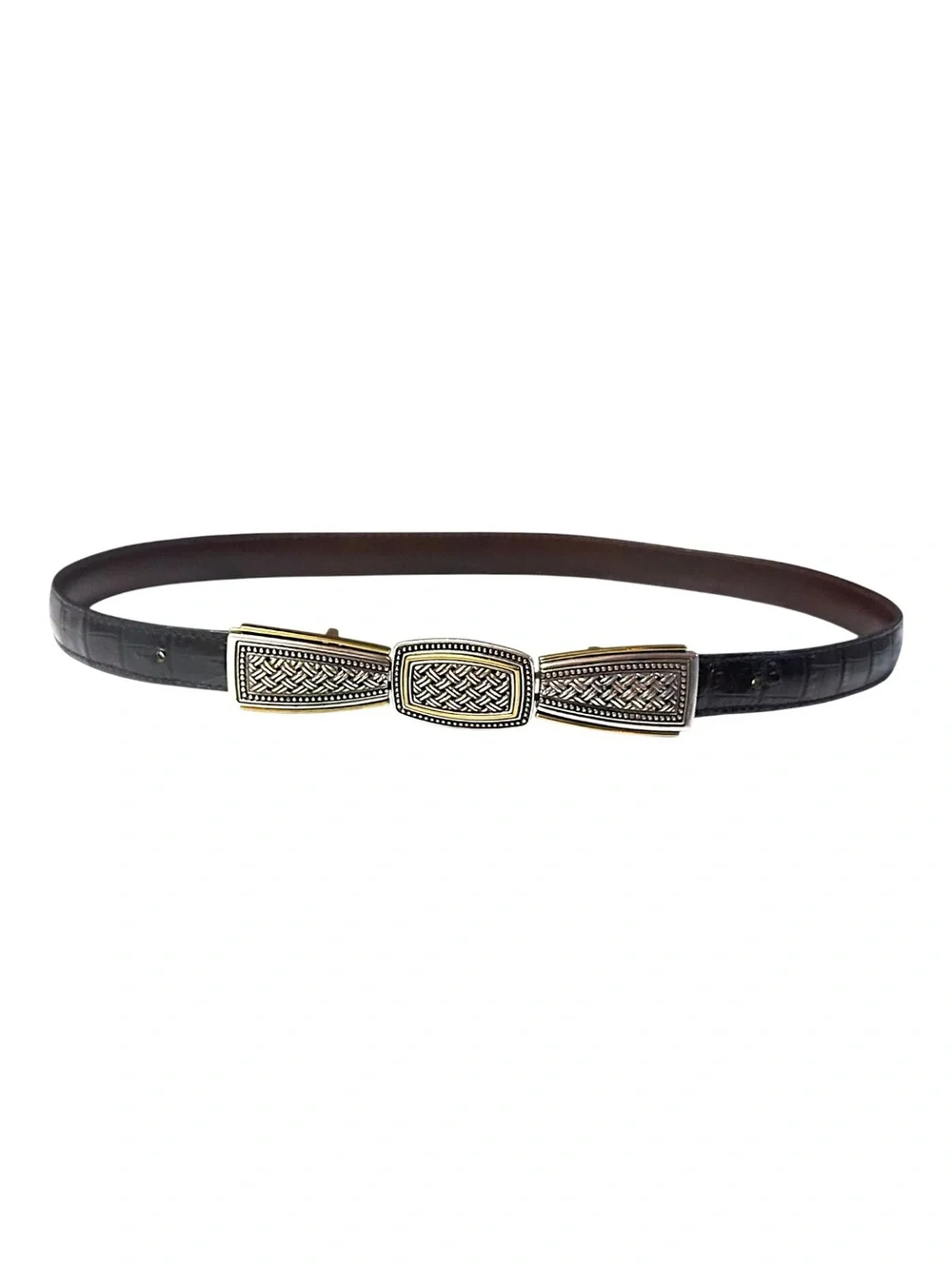 Brighton 90’s Reversible Black Croc/Brown Leather Belt w/XL Scrollwork Buckle M